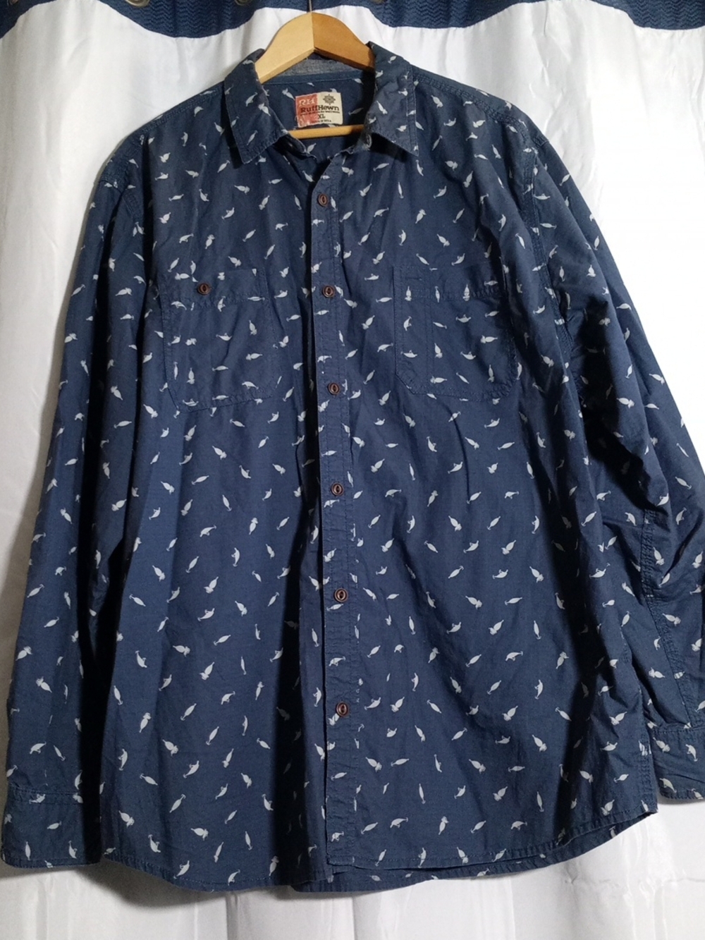Ruff Hewn Navy Button-Down Shirt with White Fishing Lure Print
